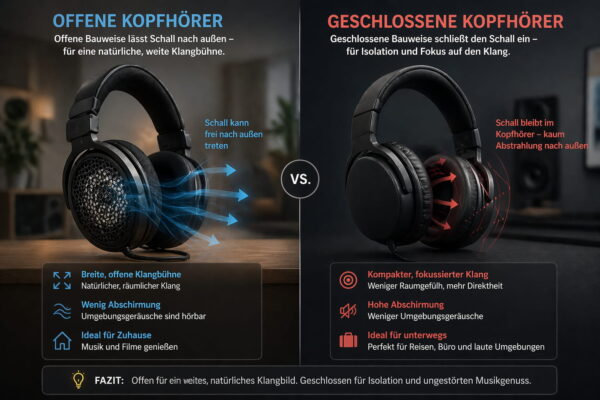 Vergleich von offenen und geschlossenen Kopfhörern mit Darstellung von Schallabstrahlung und Klangbühne