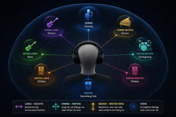Darstellung von Räumlichkeit bei Kopfhörern mit Positionierung von Klängen im Raum um den Hörer